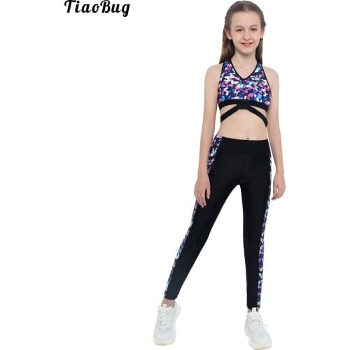 TiaoBug Summer 2Pcs Kids Girls Geometric Print V Neck Sleeveless Shoulder Straps Cross At Rear Sport Top Leggings Set Activewear