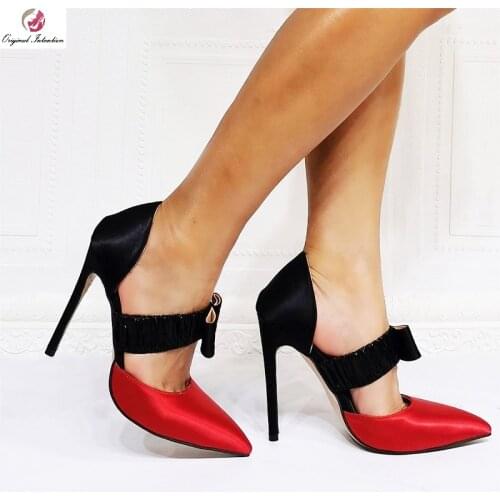 Summer Women Pumps Sexy Satin Elastic Band Bowknot High Heels Pointed Toe Thin Heel Ladies Sandals Party Wedding Shoes Black Red