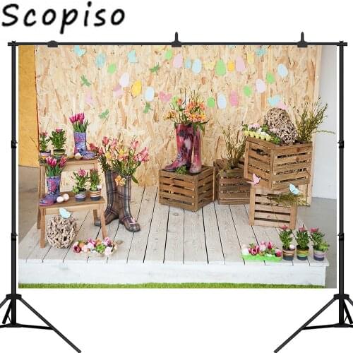 Scopiso Spring Easter Photography Backdrops Wooden Wall Eggs Flowers Kids Newborn Portrait Background Photo Studio Shoot Props