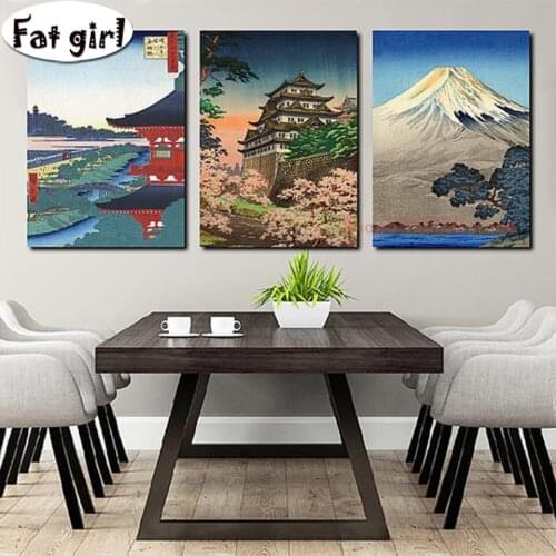 5D Embroidery Japanese Landscape Painting Mosaic Diamond Painting Cartoon Full Square Round Drill Cross Stitch Triptych