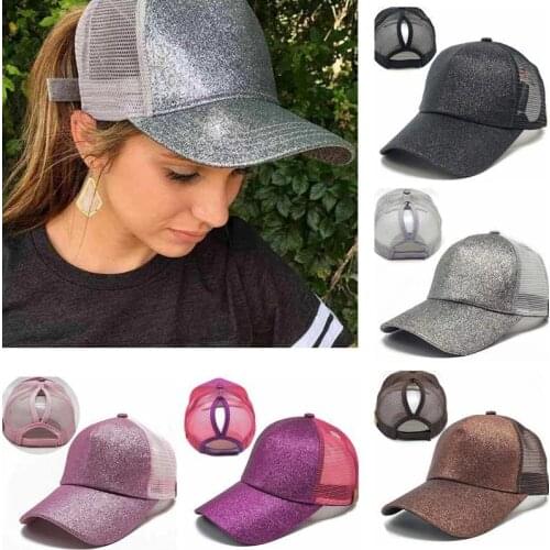 2021 Glitter Women Baseball Cap Ponytail Mesh Snapback Hat Casual Sport Sun Caps Sequins Shining Washed Cotton Adjustable Hats