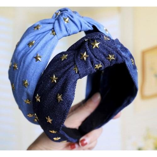 Vintage Stars Jewel Rhinestone Denim Hair Band For Women Knot Turban Headband Girls Hair Accessories For Women Girls Headwear