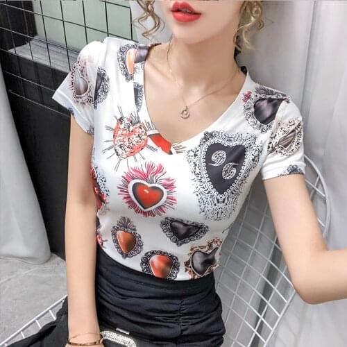 Womens T-shirt Summer Plus Size Tee Shirts Women Fashion Print V Neck Short Sleeve Casual Big Size 2XL 3XL Tops Femme camisetas