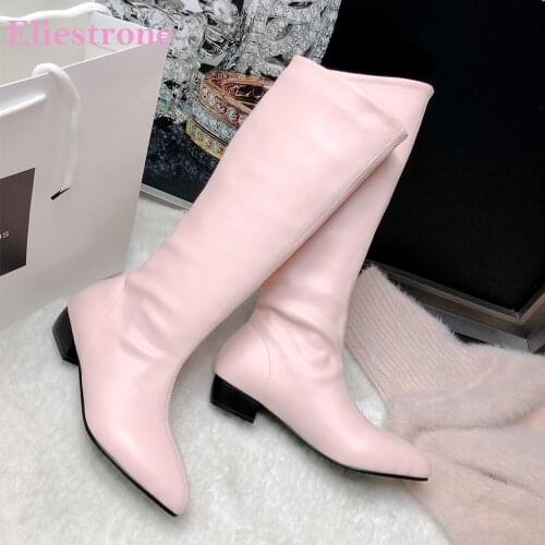 Brand New Fashion Pink Beige Women Knee High Nude Boots Med Square Heels Lady Riding Shoes LA252 Plus Big Size 11 43 46 48