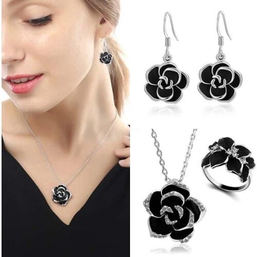 Fashion Silvery For Women Rose Golden Black Painting Enamel 1Set Rose Flower Jewelry Set Wedding Hot Sale Golden Bridal Popular