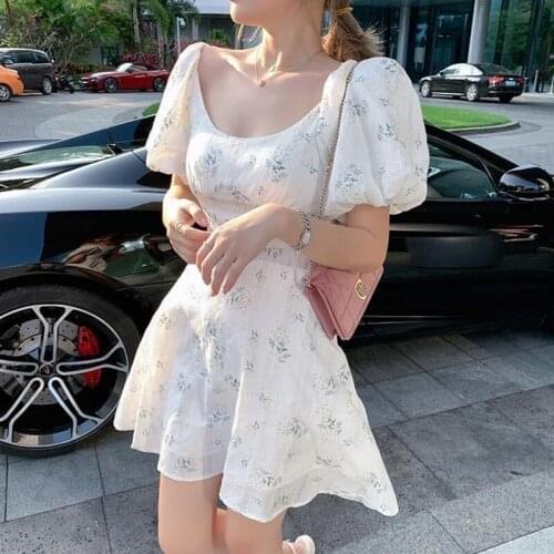 Summer Elegant Dress Women Puff Sleeve French Floral Print Mini Dress Office Lady Korean Japan Style Kawaii Dress Women 2021