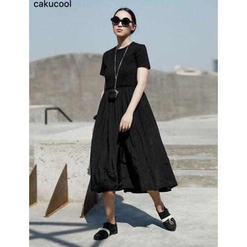 Cakucool 2019 new summer dark wind folds simple solid color ladies casual long short sleeve dress