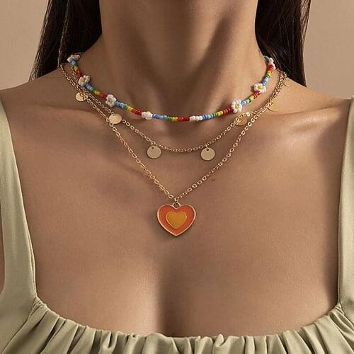 Vintage Colorful Seed Beads Flower Heart Pendant Necklaces Women Rural Holiday Geometric Clavicle Necklace Colar Jewelry Gift