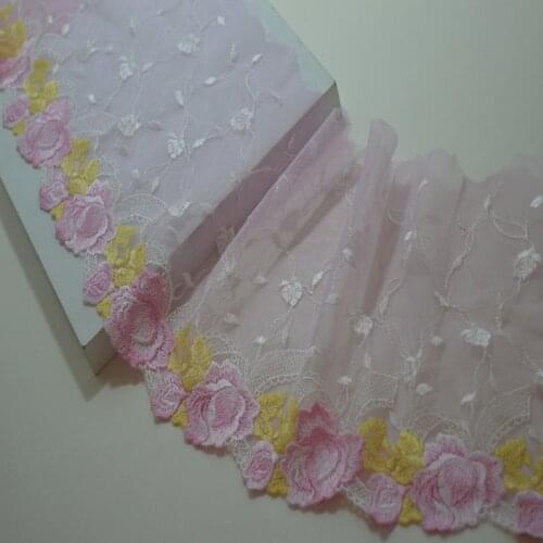 15Yards Trim Pink Mesh Fluorescent Thread Flower Embroidered Scalloped Tulle Lace 17cm Wide High Quality Wedding,Dress,Skirt