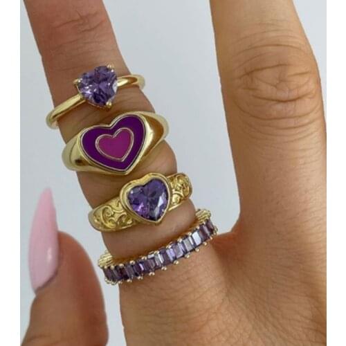 Ins Fashion Cute Girls Purple Crystal Enamel Rings Jewelry Flower Heart Ring 2021 Fashion Party Wedding Best Girlfriend Gift