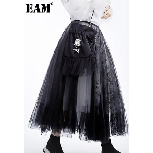 [EAM] 2021 New Spring Summer High Waist Black 5 Layers Mesh Stitc Temperament Half-body Skirt Women Fashion Tide JT136