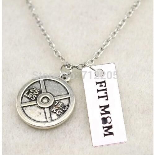 Fitness Weightlifting jewelry 10pcs Vintage Circle 25LBS 11.3KG Weight Plate and FIT MOM Kettle bell Gym necklace