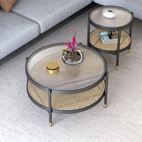 Rattan Living Room Balcony Round Coffee Table Retro Home Furniture Small Apartment Tea Tables Modern Designer Bedroom Side Table