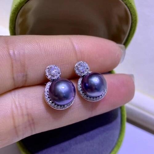 HENGSHENG Trendy 9-10mm Tahiti Natural-Ocean Round Black Pearls Stud Earrings 925 Sterling Silver Earrings Fine Female Jewelry