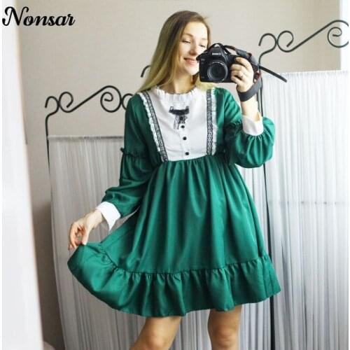 NONSAR Classical Lolita Green Dress Lovely Stitching Ruffled Cloth In The Garden Party Cloth Long Sleeve Dress One Size For Girl