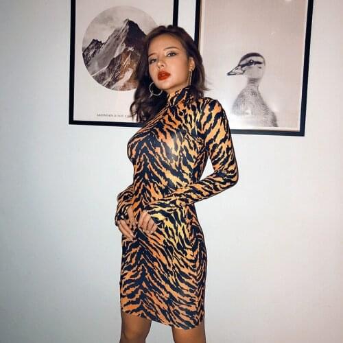 Leopard Slim Bodycon Dress Autumn Winter Women Turtleneck Long Sleeve Sexy Party Dress Fashion Outfits
