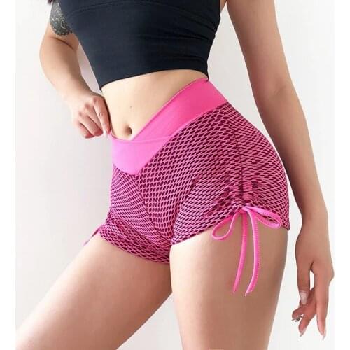 Summer Honeycomb Drawstring Sport Yoga Shorts Women V Band High Waist Peach Hip Sexy Buttocks Fitness Running Workout Gym Shorts