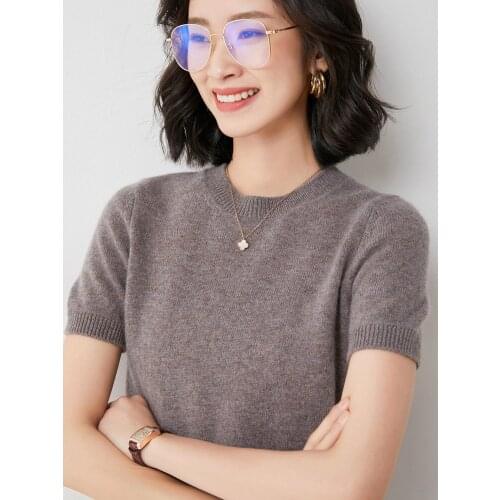 Spring and Summer New Style Japanese Gentle Wind Round Neck Knitted Bottoming Shirt Womens Short-Sleeved Pullover Thin 60109