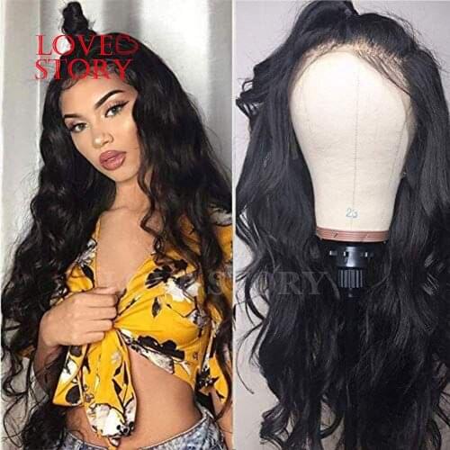Lovestory Black Color Synthetic Lace Front Wig Heat Resistant Body Wave Synthetic Replacement Hair Wigs