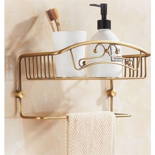 Bathroom Shelf Antique Brass Bath Shower Rack Wall Mounted Bolt Inserting Type Corner Basket Shelf With Towel Bar Bath Hardware