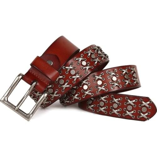 Top Natural 100% cow leather buckle belt New brand genuine leather punk rivet belts,mens metal motor biker belt for jeans