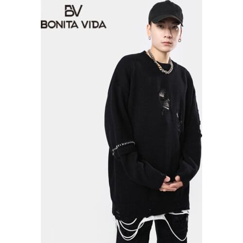Bonita Vida Harajuku Vintage Mens Winter Sweater Oversize Hip Hop Casual Loose Knitwear Holes Sweaters Streetwear Clothes