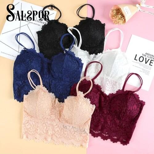 SALSPOR Fashion Lace Beautiful Wireless Bra Sexy Flower Padded Tank Top Colorful Women Brassiere Crop Top