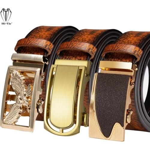 Top Brown Tan Orange Leather Mens Belts Gold Black Automatic Buckles Ratchet Male Waistband Straps for Dress Jeans Pants Casual