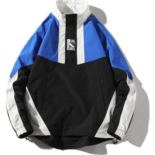 Windbreaker Oversized Track Jacket Pocket Autumn Men Hip Hop Streetwear Jacket Coat Retro Color Block Patchwork Harajuku Jacket