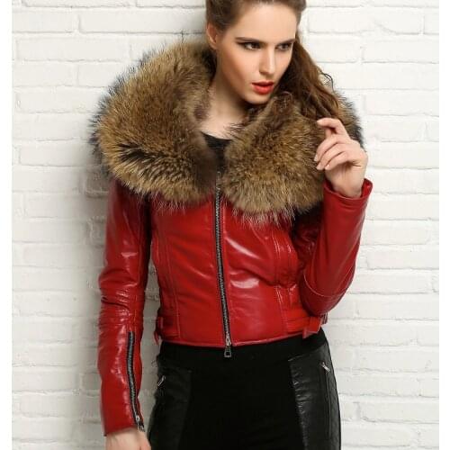 Womens Genuine Sheep Skin Leather Jacket 2020 New Luxury Warm Natural Real Raccoon Fur Collar Coat Jacket Female Autumn Winter