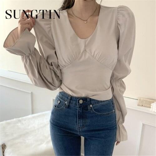 Sungtin Elegant Flare Sleeve V Neck Sexy Tops Blouse Shirt Women Lace Up Vintage Korean Style Blouse Blusas Female Fashion 2021