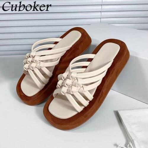 Thick Sole Brand Runway Women Slippers Peep Toe Cross Tie White Black Ladies Slides Female Summer Flat Platform Shoes Women