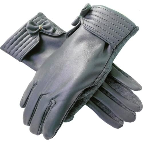 Womens Warm Gloves Bows Patchwork PU Leather Velvet Sewing Thread Elegant Touch Screen Winter Gloves