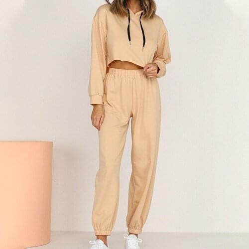 Autumn Women Two Pieces Set Drawstring Cropped Top Pants Jogging Female Suits Solid Hooded Sweatshirt Casual Lady Tracksuit Sets