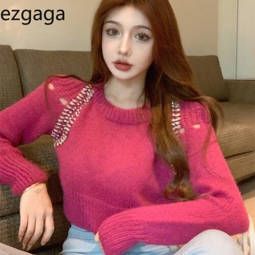 Ezgaga Knitted Cropped Sweater Women Hole Rhinestone Long Sleeve Pullover O-Neck Autumn 2021 All-Match Korean Sexy Jumper Casual