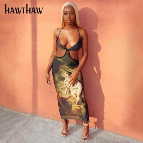 Hawthaw Women Autumn Winter V Neck Sleevless Sexy Hollow Out Printed Backless Pencil Long Dress 2020 Fall Clothes Streetwear