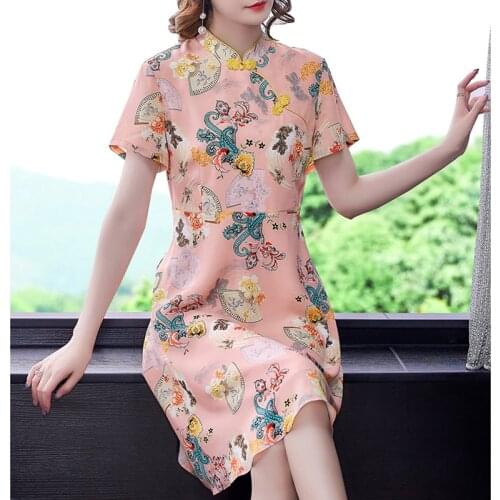 Women 4XL Plus Size Chinese Style Vintage Midi Dress Summer Pink Print Chiffon Casual Dress 2021 Elegant Bodycon Party Vestidos