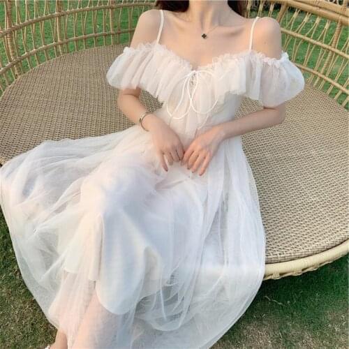 Summer Sexy Sweet Lolita Dress Women Low Chest Bandage Fairy Mesh Dress Female Beach Boho Spaghetti Strap Dresses HB955