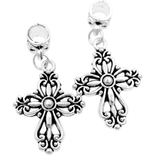 18pcs Filigree Heart Cross Religious Charm Beads Zinc Alloy Fit European Bracelets Jewelry DIY B425 20.5x38.7mm