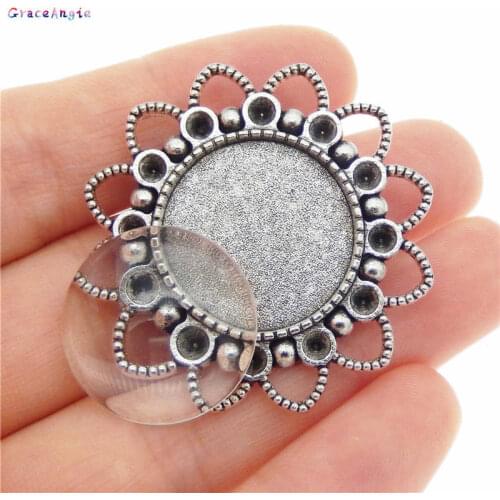 GraceAngie 2sets Fit 20mm Glass Round Brooch Pin Base Sets with Glass Cabochon Vintage Brooch Jewelry Women Accessory DIY