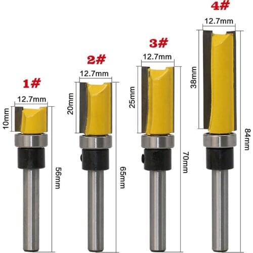 4PCS/Set 12.7mm Hinge Mortise Flush Trim Template Router Bit 1/4-Inch Shank Woodworking Milling Cutter Engraving Machine