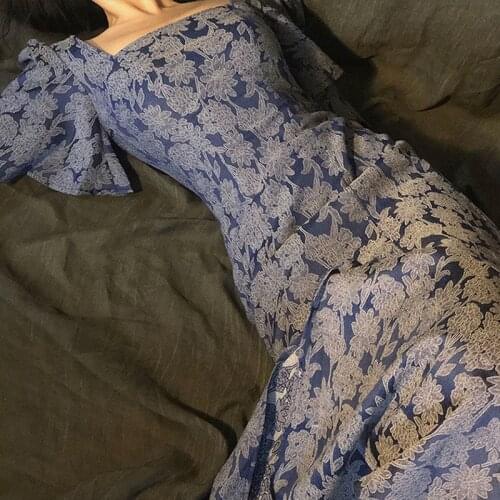 Bella 2021 new Summer Elegant French Style Long Dress Vintage Backless Female Slim Print Floral Dress Casual Ladies Party Dress