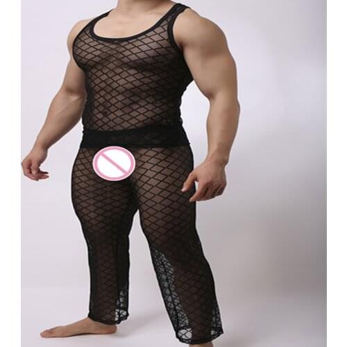 Fashion Mens Mesh Argyle Transparent Sleep Pajama Sets Sexy Bodybuilding T Shirts And Long Pants