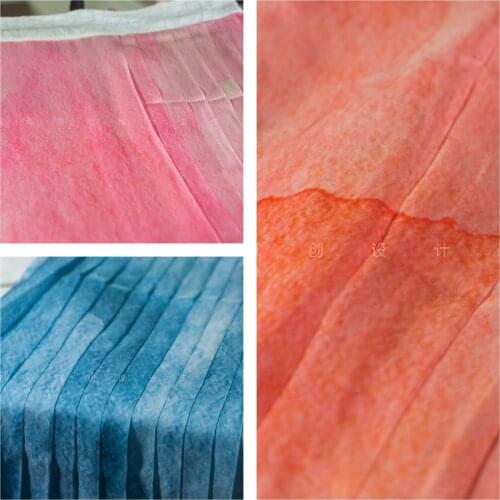 Chinese stlye landscape painting blue orange 50D Chiffon HANFU fabric for DIY dress 1order=1pc(size:100x150cm)