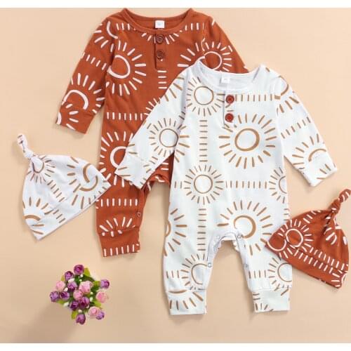 Lioraitiin 0-24M Newborn Baby’s Boy Girl Casual Jumpsuit with Hat Fashion Sun Printing Long Sleeve Long Pants