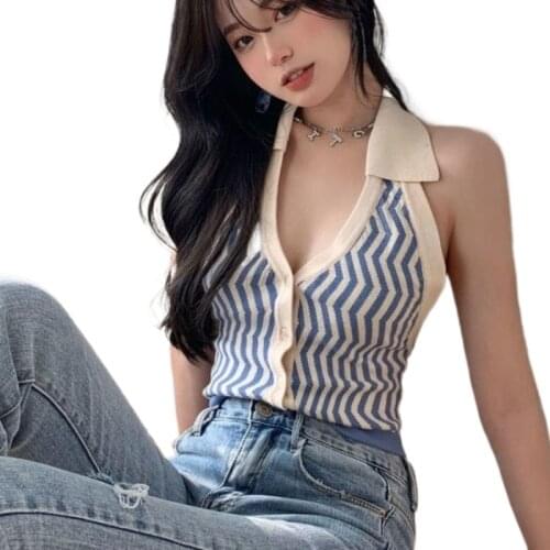 Summer 2021 Polo Neck Tank Top Women Ins Hot Fashion Knit Skinny Crop Top Chic Street Girls Sleeveless T Shirt Women Vest Tops