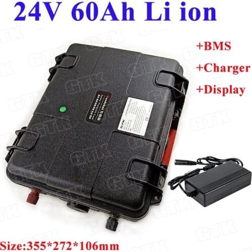 GTK Powerful 24V 60Ah lithium li ion battery pack with 7s BMS display for electric scooter solar energy sightseeing +5A charger