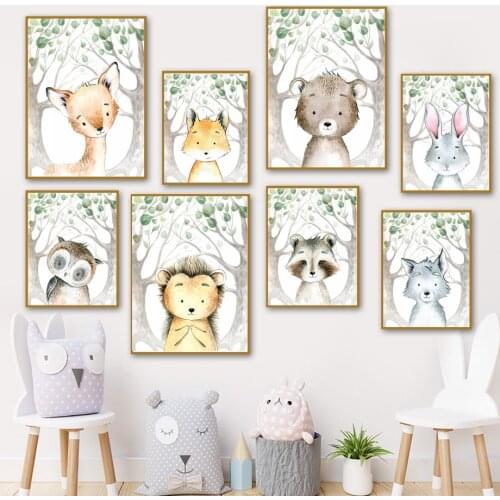 Cartoon Animals Wolf Raccoon Owl Lion Fox Deer Wall Art Canvas Painting Nordic Posters And Prints Wall Pictures Kids Room Decor