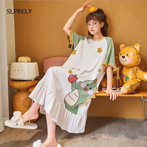 SLPBELY Women Nightgdress Sleepwear Lovely Cartoon Dinosaur Nightdgown Summer Kawaii Sleepwear Nighskrit Homewear Mujer Pijama