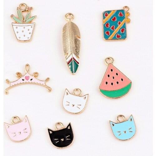 Newest 50PCS Gold Tone Plated Enamel Alloy Jewelry Charms Watermelon Book Leaf Plant Animal Cat Oil Drop Bracelet Pendant Charms